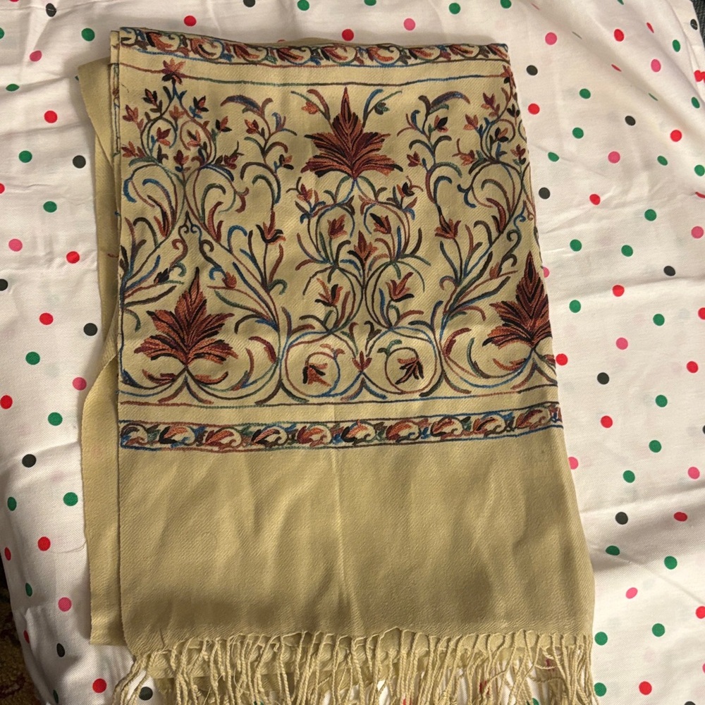 Floral Embroidered Scarf with Fringe